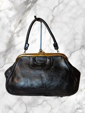 Vintage Letisse Elegant Black Top Handle Leather Handbag with Gold-Tone Trim